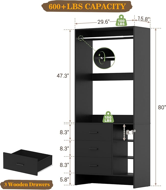 Aheaplus 2.5FT Closet System with 3 Drawers, 29.5’’ Closet Organizer, Wood Closet Organizer System, Walk-in Closet or Small Closets Wardrobe, Clothes Rack with Hanging Rods,-E6, Black