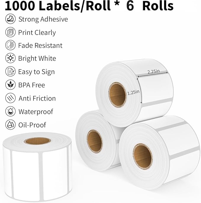 2.25 x 1.25 Thermal Labels, Printable Blank Label Stickers 6000 Label Papers for Barcode Labels, FNSKU, Mailing, Shipping, Compatible with Rollo, Zebra and More Thermal Printer