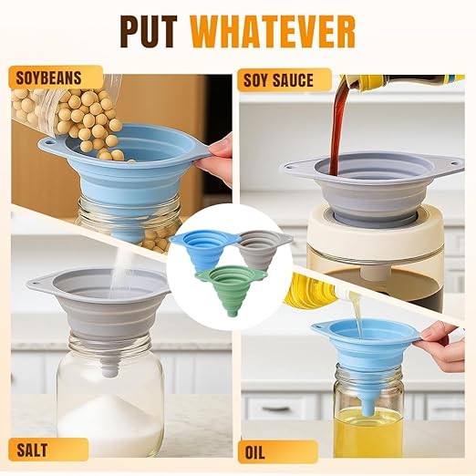 Kitchen Funnel Set 3 Pack, Collapsible Silicone Funnels for Filling Water Bottles & Small Bottles | Food-Grade, Easy Clean & Space-Saving (Gray)