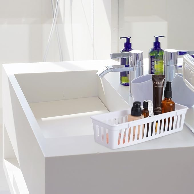 Domensi 12 Pack Slim Plastic Storage Baskets Tray for Organizing 10.25x3.25x2.5 Inch Small Narrow Storage Bins Stackable Drawer Pencil Trays Holder for Desk Garage Cabinet Container (White, Black)