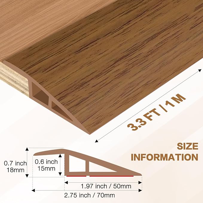 Floor Transition Strip Vinyl Door Threshold Ramp Self Adhesive Carpet Edging Strip Doorway Edge Trim, Overlap Edge Reducer for Laminate Carpet, Floor, Tile (Orange Oak, 2/5" to 3/5", 3.3Ft)