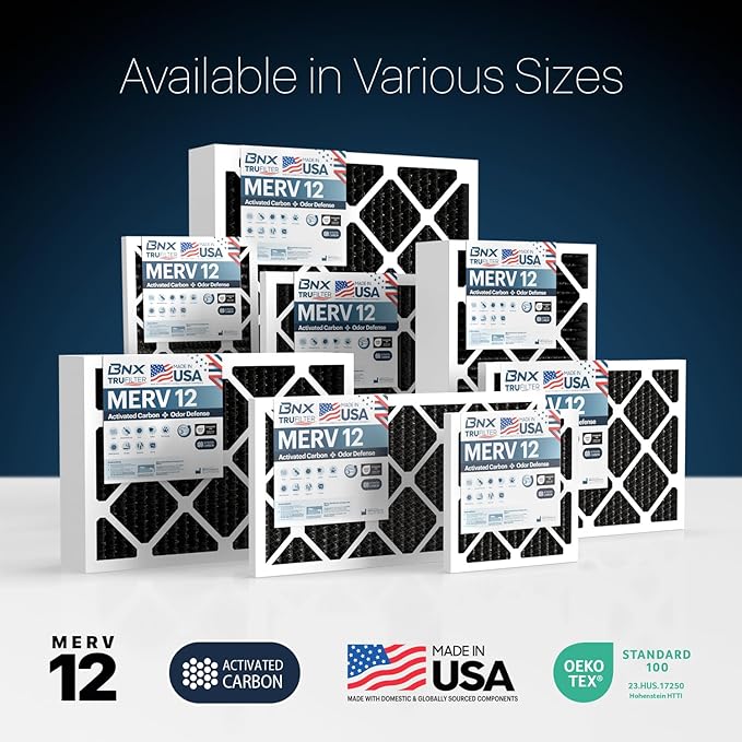BNX TruFilter 14x14x1 MERV 12 Odor Defense (6-Pack) AC Furnace Air Filter with Activated Carbon - MADE IN USA - Pleated Air Conditioner HVAC AC Furnace Filters - Removes Odor, Mold, Bacteria, Smoke