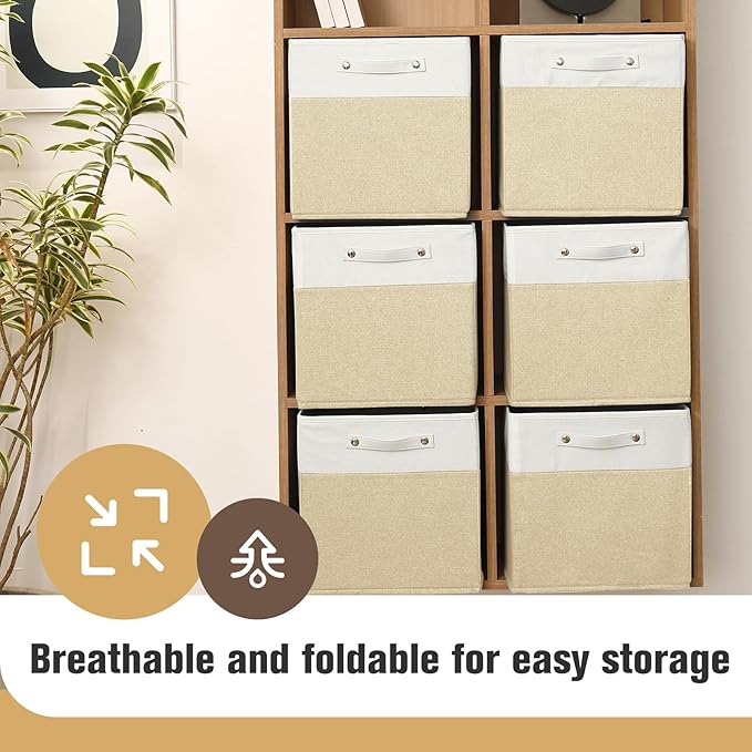 13 x 13 Inch Fine Linen Storage Bins with Handles,Fabric Cube Boxs,Collapsible Basket Organizers for Shelves for Home, Closet Drawers (White/Khaki-6 Pack)