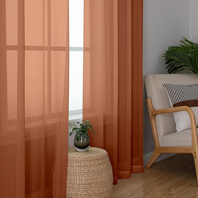 Chyhomenyc Orange Sheer Curtains 36 inch Length 2 Panels, Light Filtering Voile Rod Pocket Short Window Curtians for Bathroom Living Room Farmhouse Small Windows, 42Wx36L inches
