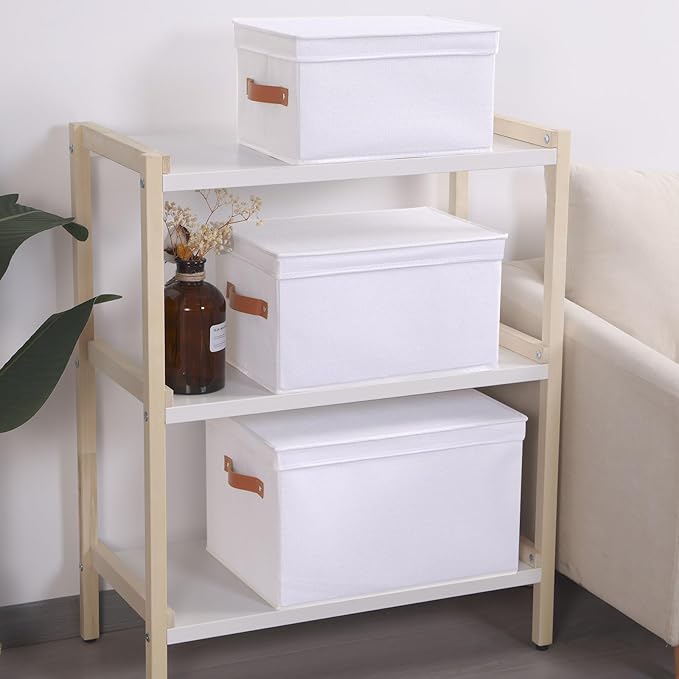Fabric Storage Bins, Clothes Boxes for Shelves with Lids, Baskets for Organizing with Handles, Decorative Linen Closet Organizers, White, 1 Pack, 15 x 9.8 x 8.3 Inch