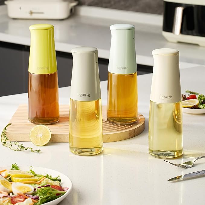 17oz Glass Oil Dispenser for Kitchen, Auto Flip、Non-Drip、Leak Proof, Oil Bottles for Kitchen, Vinegar Dispenser, Cooking Glass Bottle with 500ml (Grayish White)