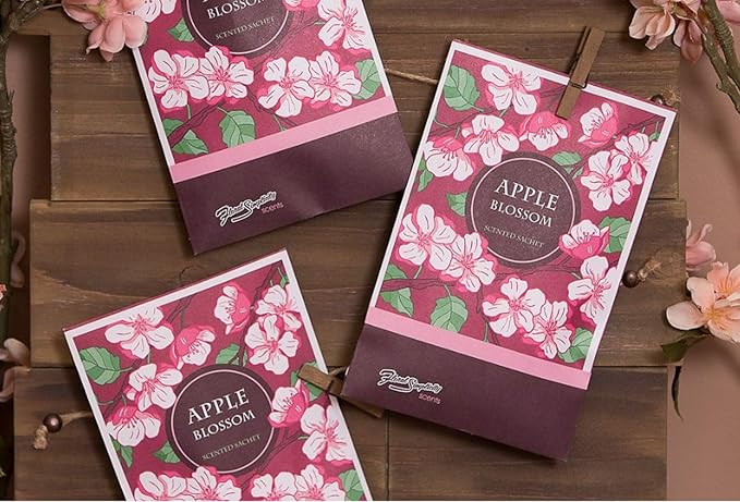 Floral Simplicity Apple Blossom Scented Sachets Pack of 3, Fall & Winter - Long-Lasting Scented Bags, Home Fragrance, Air Freshener & Deodorizer for Closet, Room, Drawer, or Cars, Made in The USA