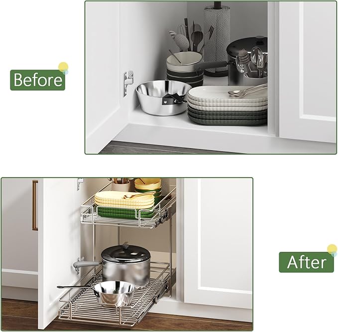 2 Tier Individual Pull Out Cabinet Organizer 13½" W x 21½" D, Heavy Duty Cabinet Pull Out Shelves, Slide Out Drawers Organization for Kitchen Cabinets Bathroom
