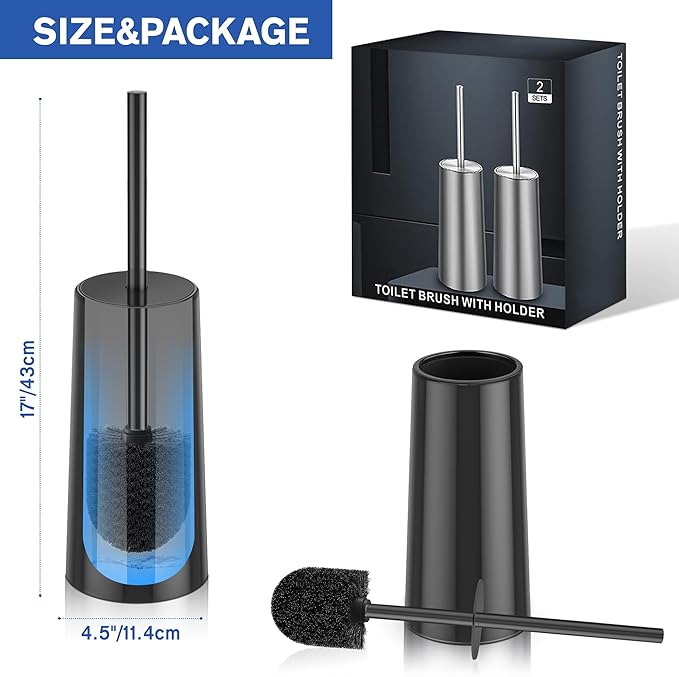 Toilet Brush and Holder, 2 Pack Toilet Brush Stainless Steel, Toilet Bowl Brush for Bathroom Toilet-Ergonomic, Elegant,Durable (Black)