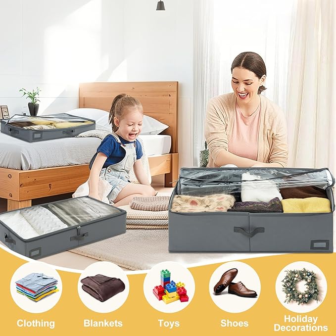 6-Inch Under Bed Storage Containers (2-Pack) | Sturdy Sidewalls | Clear Cover & Label Holder | Foldable Closet Organizer | Stores Clothing/Blankets/Sweaters/Sheets