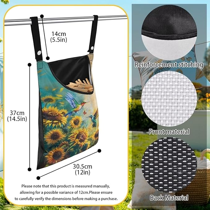 Clothes Pin Hanging Bag with Big Opening Storage Clothes Pins & Mini Clothespins,Hanging Laundry Bag Fits Retractable Clothes Line Outdoors(Hummingbird Sunflower)