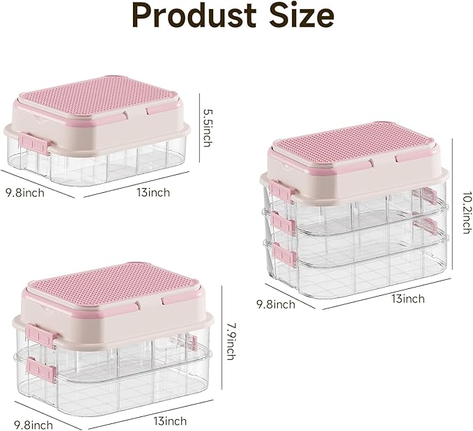 Toy Storage Organizer Box with Handle, Stackable Building Block Toy Box with Building Plate Lid & Removable Sorting Trays, Cubby Bins and Containers 3 Layer (Pink)