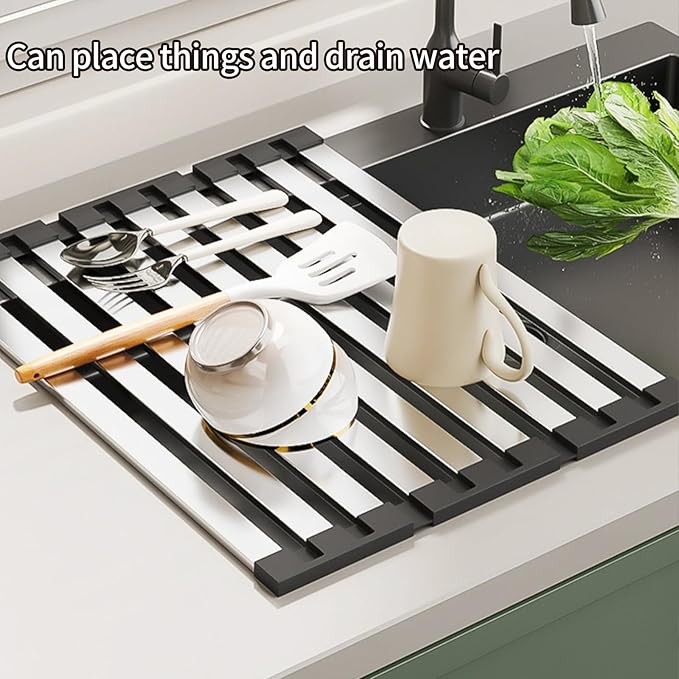 Foldable Dish Drying Rack, Over The Sink Dish Drying Rack ,Dish Drying mat,Dish Drying mats for Kitchen Counter,Stainless Steel Multifunctional mat (19.69×12.8in)