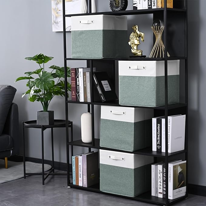 13 x 13 Inch Fine Linen Storage Bins with Handles,Fabric Cube Boxs,Collapsible Basket Organizers for Shelves for Home, Closet Drawers (White/Green-4 Pack )