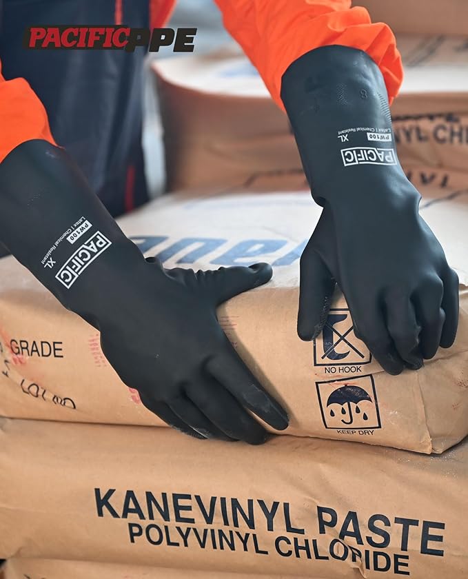 PACIFIC PPE Chemical Resistant Gloves, Heavy Duty Industrial Rubber Gloves, Resist Acid, Alkali and Oil, 12.6", Medium