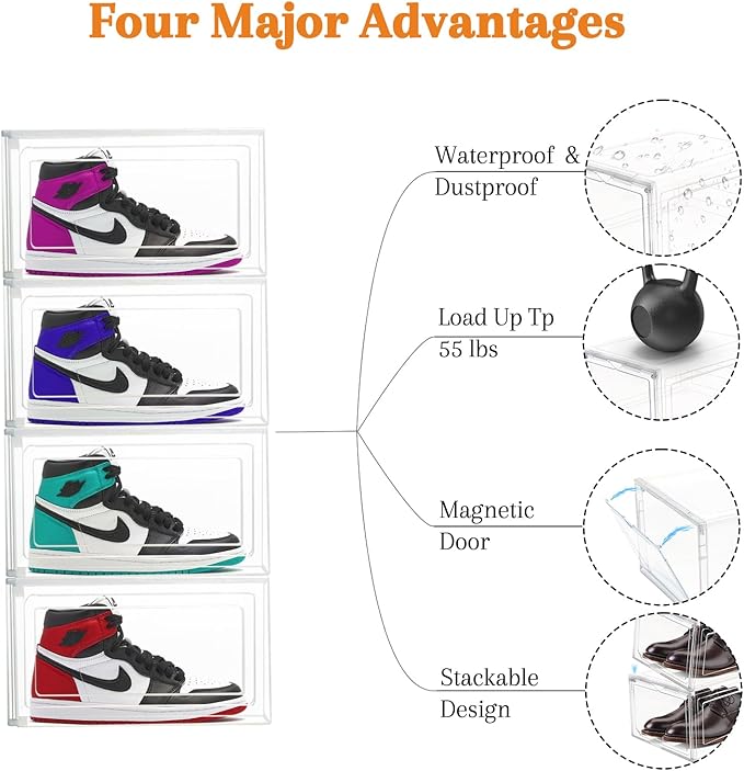 8 Pack Shoes Box Display Case Thicken Shoe Organizer Stackable Boxes for Closet Space-Saving Shoe Rack, Size 13 Clear