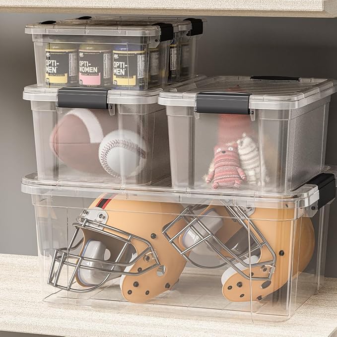 Superio Clear Storage Boxes with Lids, 4.75 Quart Plastic Container Bins for Organizing, Stackable Crates, BPA Free, Non Toxic, Odor Free, Organizers for Home, Office and Dorm, 4 Pack