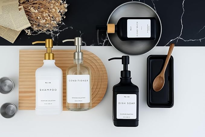 Emerson Essentials Glass Soap Dispenser Set – 16 oz 2-Pack – Refillable Dish & Hand Soap Dispensers for Kitchen or Bathroom – Stainless Steel Pump & 5 Waterproof Labels