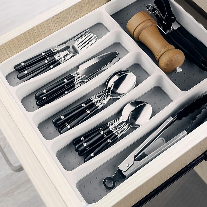 LeMuna Silverware Organizer Tray for Drawer, 6 Compartment Kitchen Drawer Organizer, Soft Grip Lining and Non-Slip Rubber Feet, Flatware Plastic Cutlery Tray