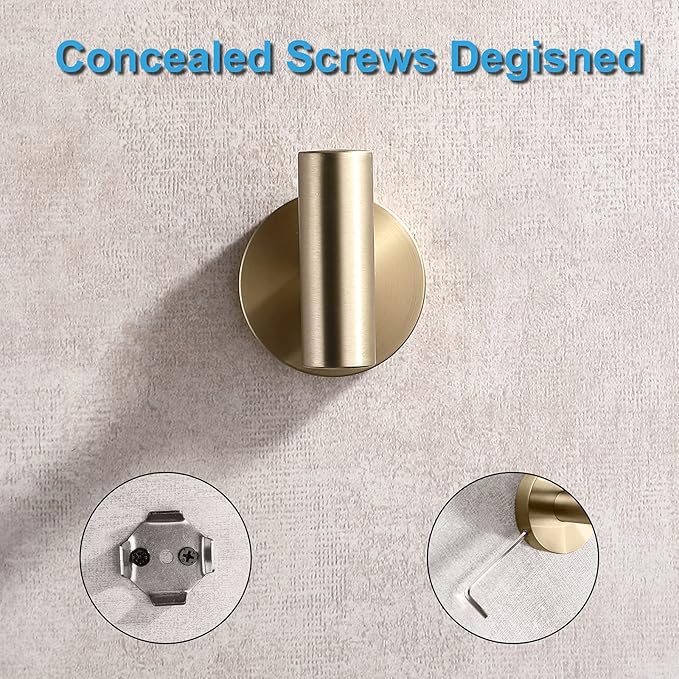 TASTOS Brushed Gold Bathroom Towel Coat Hook Stainless Steel, 2 Pack Robe Clothes Cabinet Closet Sponges Hooks Holder Round Style Heavy Duty Wall Hook for Bathroom Kitchen Hotel Wall Mounted