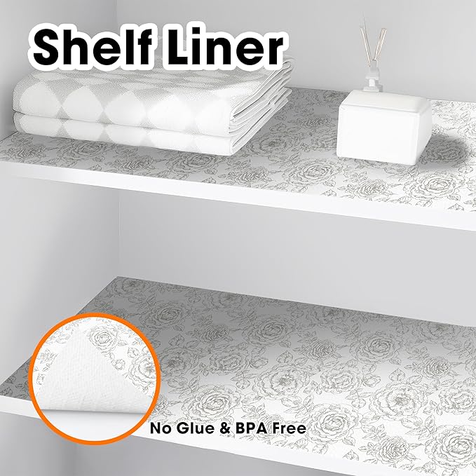 Drawer and Shelf Liner for Kitchen Cabinets Non-Adhesive Cabinet Liners for Shelves Strong Grip Non Slip Waterproof Cupboard Liner for Dresser Refrigerator, Bathroom, Flower,17.5IN X 10FT