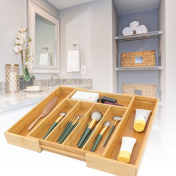 VaeFae Bamboo Drawer Organizer, Expandable Silverware Drawer Organizer, Cutlery Tray with Dividers for Kitchen Utensils, Medium