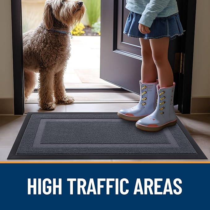OLANLY Front Door Mat Indoor Outdoor Entrance, Waterproof All-Season, All-Weather Doormat, Sturdy Natural Rubber, Fade Resistant, Low Profile, Easy Clean Patio Porch Entryway Mat, 47x17, Light Grey