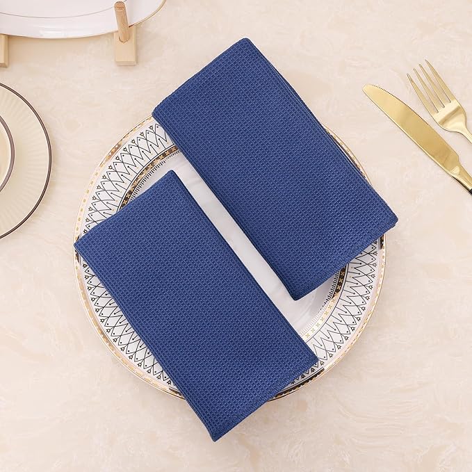 Homaxy 100% Cotton Kitchen Towels and Dishcloths Set - 8 Pack Waffle Weave Soft and Absorbent Dish Towels - 26 X 16 Inch and 12 X 12 Inch - Navy Blue