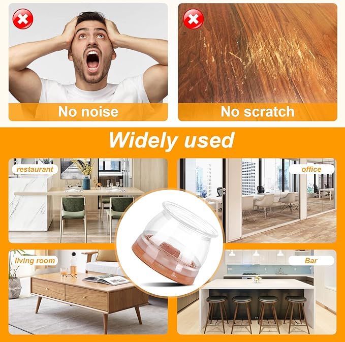 CHUNZEXI 24 Pack Chair Leg Floor Protectors for Hardwood Floors, Silicone Felt Covers Pads Caps, Protect Wood Furniture Feet Floors Noise Reduce and Scratch (Universal Large & Clear)