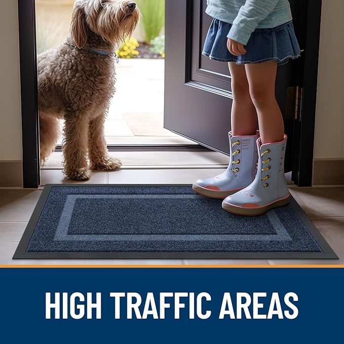 OLANLY Front Door Mat Indoor Outdoor Entrance, Waterproof All-Season, All-Weather Doormat, Sturdy Natural Rubber, Fade Resistant, Low Profile, Easy Clean Patio Porch Entryway Mat, 59x30, Blue