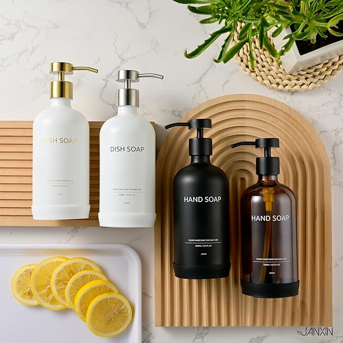 Glass Soap Dispenser Set by Janxin,Bathroom Soap Dispenser Set with Ceramic Tray,Luxury Bathroom Accessories,Modern Kitchen Decor (Black(Hand Soap))