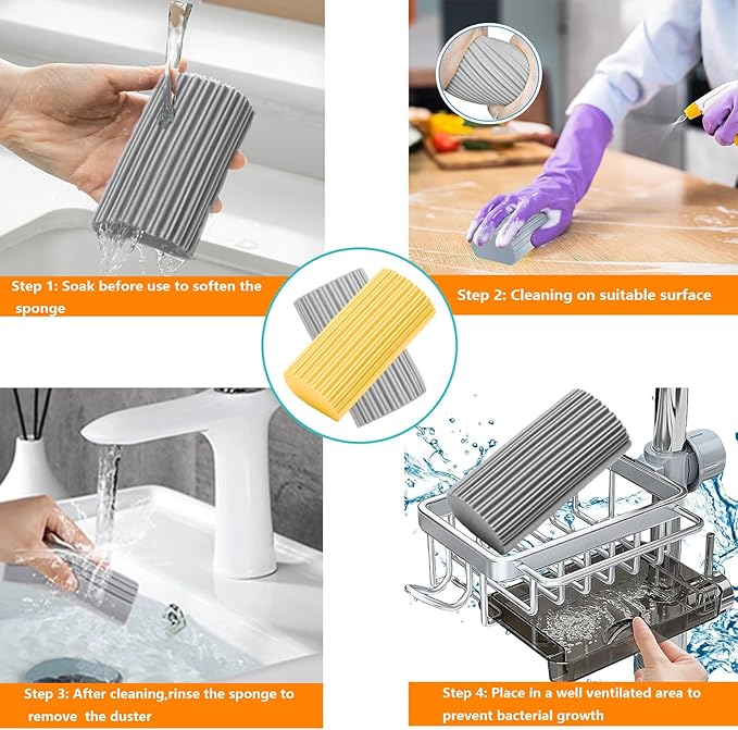 6-Pack Damp Clean Duster Sponge,Magic Sponge Eraser for Housekeeping,Reusable Cleaning Sponge for Blinds,Vents,Mirrors,Glass, Baseboards,Window Track Grooves and Railings (Yellow)