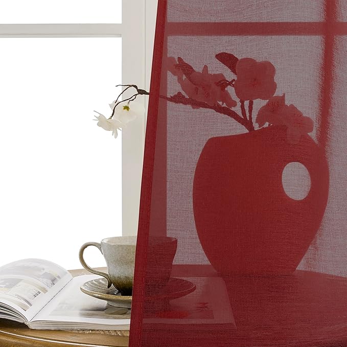 Tollpiz Short Sheer Door Curtain Closet Linen Textured Curtain Sheers Doorway Light Filtering Voile Patio Glass Door Rod Pocket Curtains French Door, 54 x 54 inches Long, Burgundy Red, Set of 1 Panel