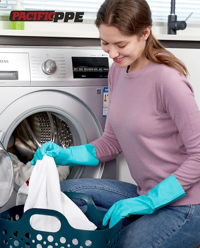 PACIFIC PPE 2 Pairs Reusable Dishwashing Cleaning Gloves with Latex Free, Cotton Lining, Kitchen Gloves, Green, Large