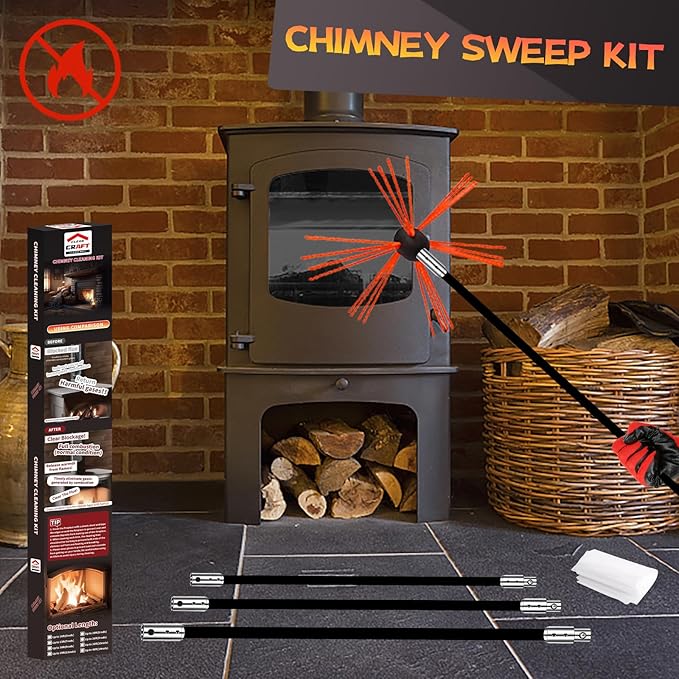 26 Feet Chimney Sweep Kit, Chimney Cleaning Kit with 8 Flexible Black Chimney Rods, Chimney Brush for Sweeping Fireplace, Rotary Chimney Cleaning System Driven by Drill