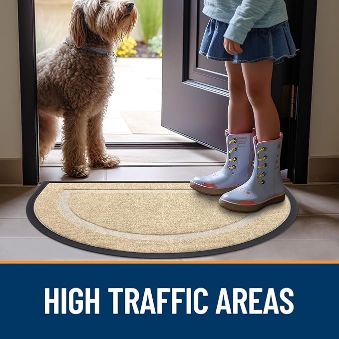 OLANLY Half Circle Door Mat Indoor Outdoor Entrance Welcome, Waterproof All-Season, All-Weather Doormat, Sturdy Natural Rubber, Low Profile, Easy Clean Patio Porch Entryway Mat, 29.5x17, Beige