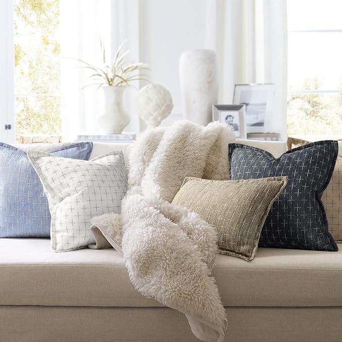 ZWJD Pillow Covers 16x16 Set of 2 Soft Polyester Textured Pillow Covers with Stylish Flange Edge Cozy Farmhouse Throw Pillows for Couch Bed Sofa Living Room
