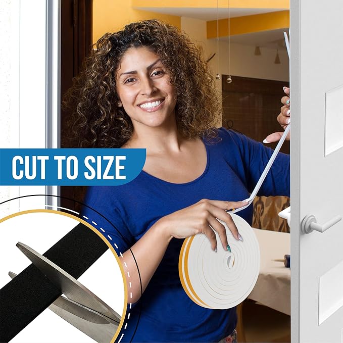 High Density Foam Weather Stripping Door Seal Strip Insulation Tape Roll for Insulating Door Frame, Window, Air Conditioner | Self Adhesive Sealing Weatherstrip (Black, 1/2 in x 1/8 in x 50)