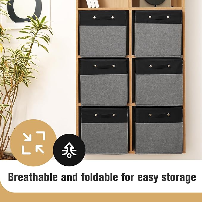 13 x 13 Inch Fine Linen Storage Bins with Handles,Fabric Cube Boxs,Collapsible Basket Organizers for Shelves for Home, Closet Drawers (Black/Gray-6 Pack)