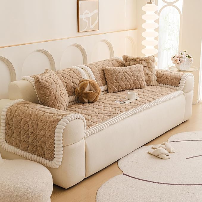 OTOB Plush Couch Cover for Dogs Washable, Non Slip Fuzzy Soft Armrest Backrest Sofa Slipcovers Geometric Jacquard Pet Friendly Couch Covers Protector All Season, 1 Piece (Coffee, 27.6"x27.6")