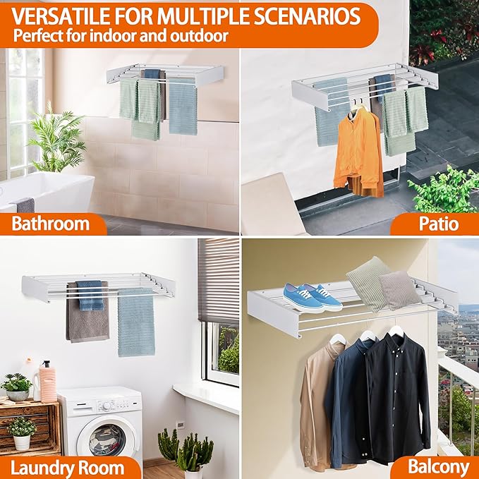 FOCHIER F Laundry Drying Rack Wall Mounted Clothes Drying Rack Collapsible with 4 Aluminum Rods and Drilling Template Long Screwdriver Bit 60 lbs Capacity (White, 23.6")