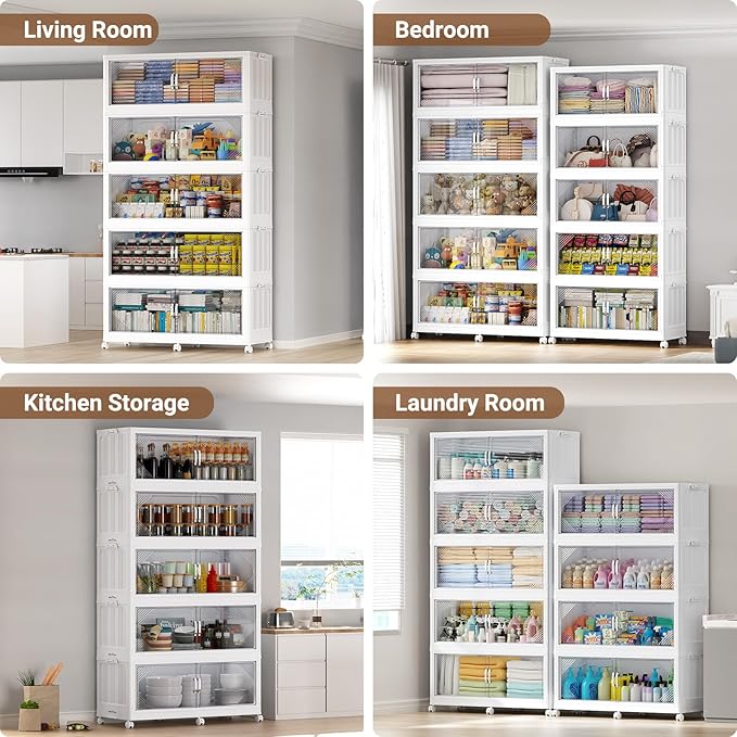 175Gal Plastic Stackable Storage Bins with Lid, 700QT Extra Large Closet Organizers Collapsible Cabinets Boxes With Drawers, Foldable Containers with 4x Wheels for Home Kitchen, V60 5Pack White