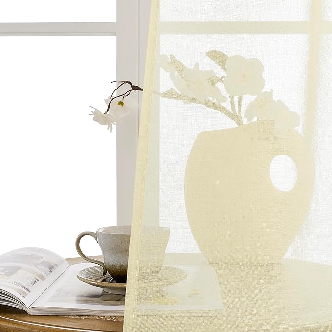 Tollpiz Short Sheer Door Curtain Closet Linen Textured Curtain Sheers Doorway Light Filtering Voile Patio Door Rod Pocket Curtains French Door, 54 x 54 inches Long, Transparent Yellow, Set of 1 Panel