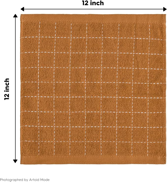 Artoid Mode Checkered Designed Cotton Beige Caramel Terry Kitchen Dish Cloths, 12x12 Inch Soft Absorbent Quick Drying Cleaning Kitchen Rags Set of 6