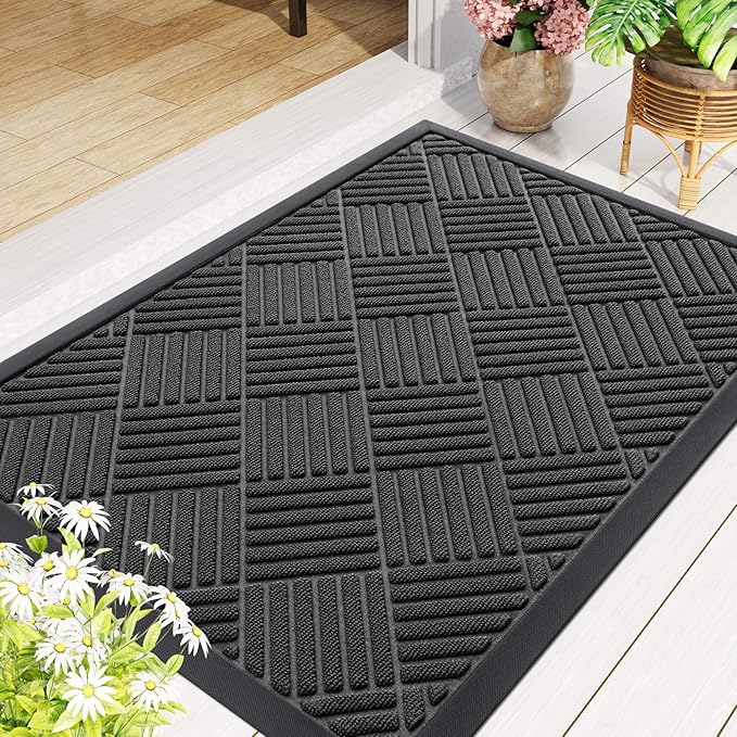 Smiry Front Door Mat Outside Entrance, Heavy Duty Outdoor Indoor Natural Rubber Doormat, Non Slip, Trap Dirt and Moisture, Easy Clean, Low Profile Patio Porch Entryway Mat, 47x17, Black