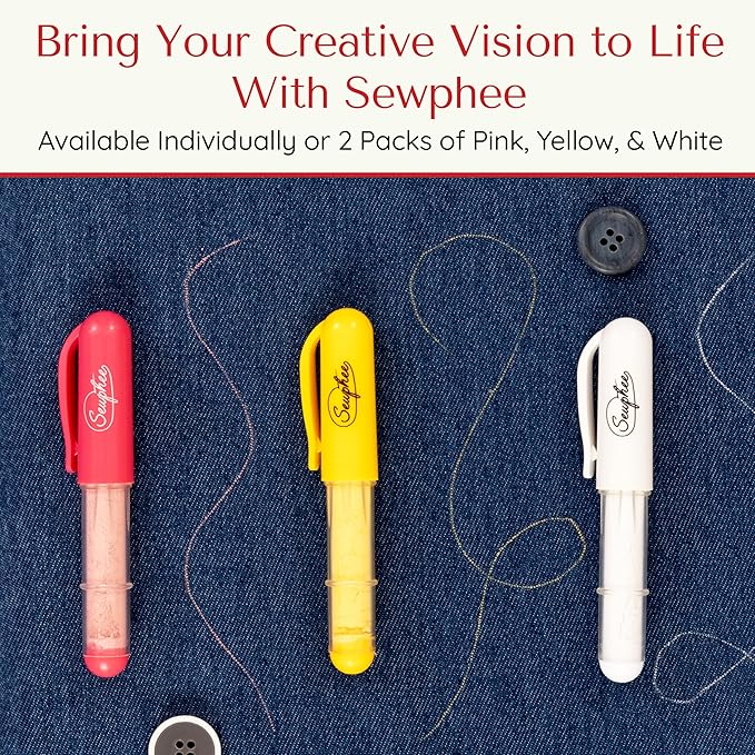 Fabric Markers for Sewing – Ergonomic Tailors Chalk Pen with Improved Dosing Wheel for Sharp Lines - Washable Sewing Chalk Marking Pens that are Compatible with Most Fabrics - White and Pink 2 Pack