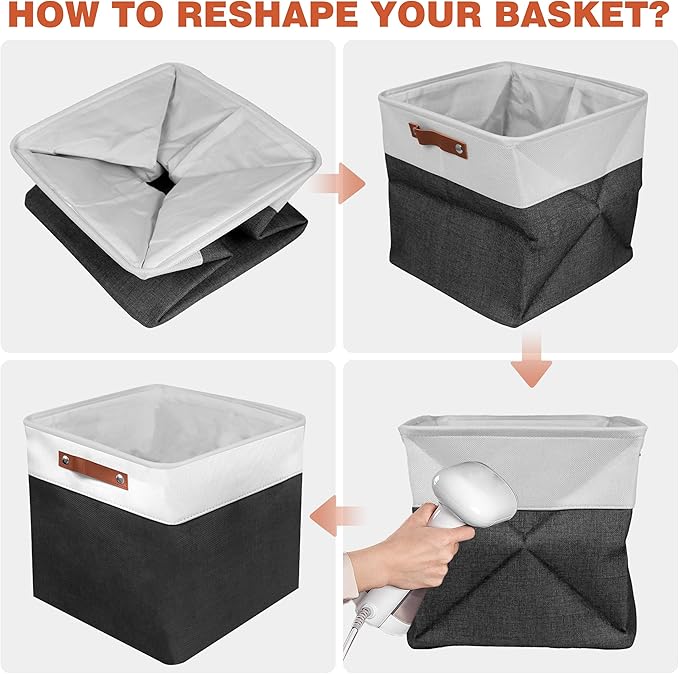 13in Open Fabric Storage Basket with Leather Handles for Organizing, Collapsible Linen Closet Bins for Shelves, Closets, Laundry, Decorative Basket for Gifts. (White&Black, 2PCS/13x13in)