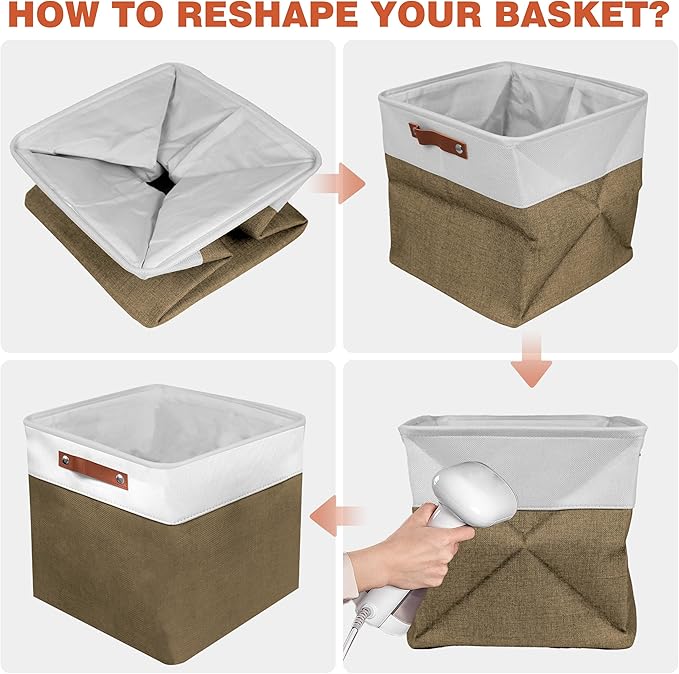 11in Open Fabric Storage Basket with Leather Handles for Organizing, Collapsible Linen Closet Bins for Shelves, Closets, Laundry, Decorative Basket for Gifts. (White&Brown, 3PCS/11x11in)