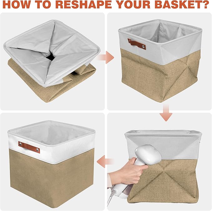 12in Open Fabric Storage Basket with Leather Handles for Organizing, Collapsible Linen Closet Bins for Shelves, Closets, Laundry, Decorative Basket for Gifts. (White&Khaki, 2PCS/12x12in)
