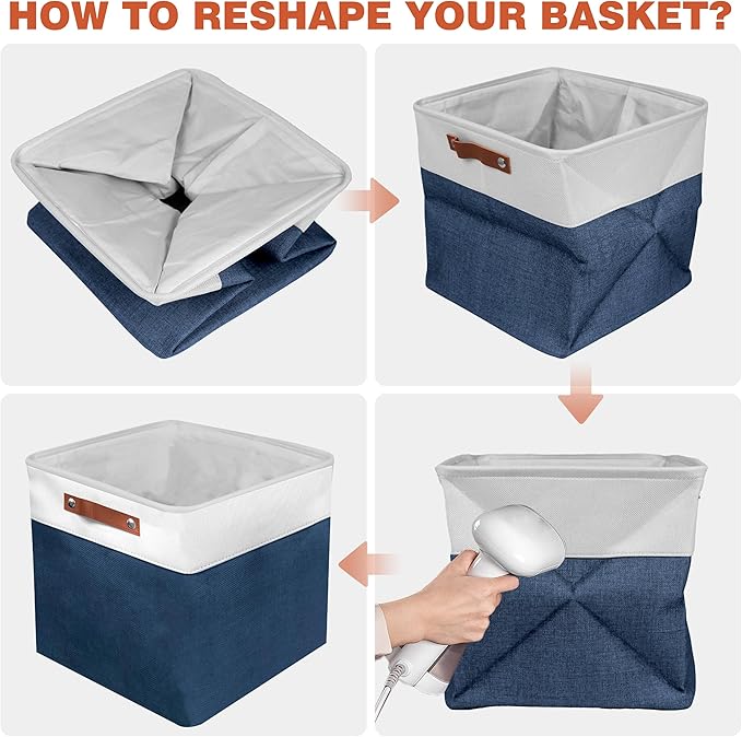 13in Open Fabric Storage Basket with Leather Handles for Organizing, Collapsible Linen Closet Bins for Shelves, Closets, Laundry, Decorative Basket for Gifts. (White&Blue, 2PCS/13x13in)
